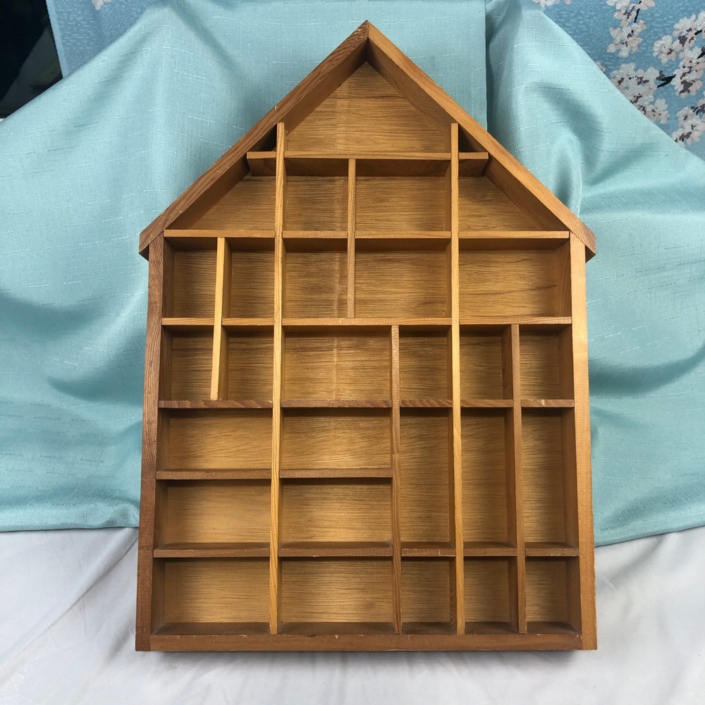 Vintage 1978 Enesco Wood House Shadow Box Display Case for 28+Miniatures 20"x14"